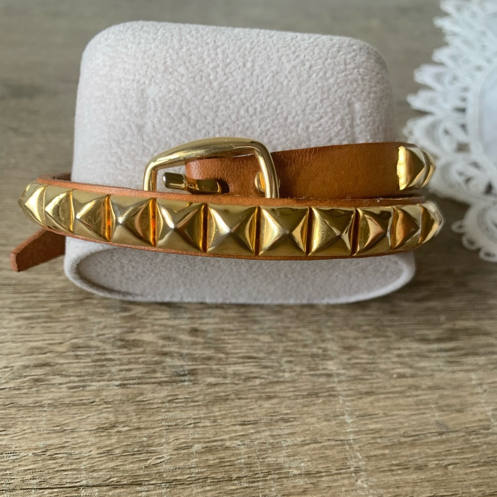 Victoria Emerson gold studded camel leather wrap bracelet - Picture 2 of 7